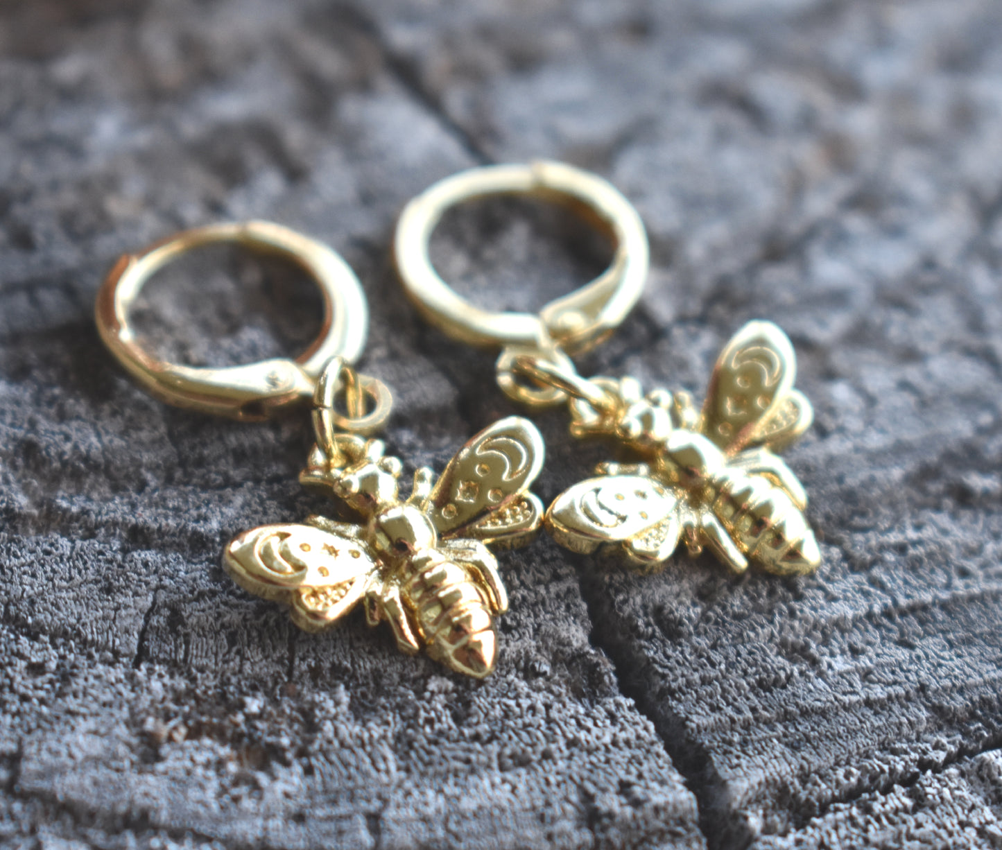 Gold Bee Huggie Hoop Earrings-14k