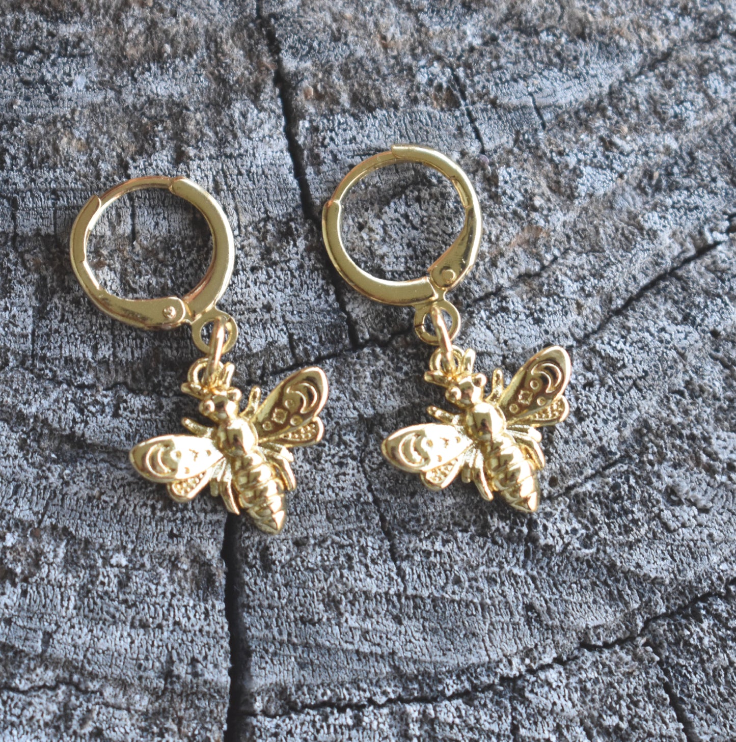 Gold Bee Huggie Hoop Earrings-14k