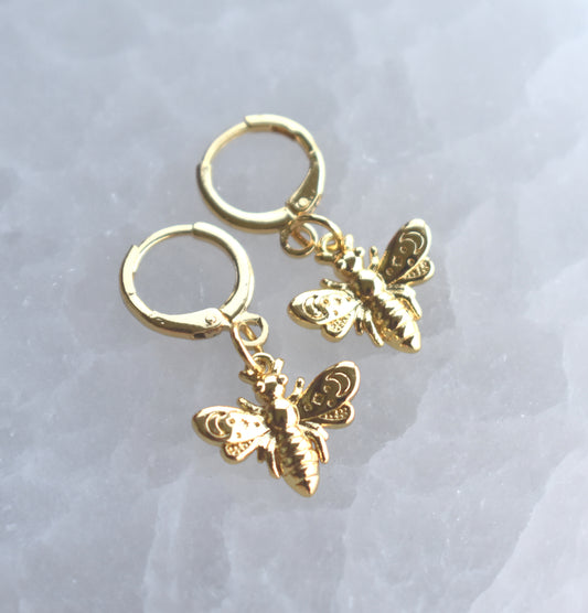 Gold Bee Huggie Hoop Earrings-14k