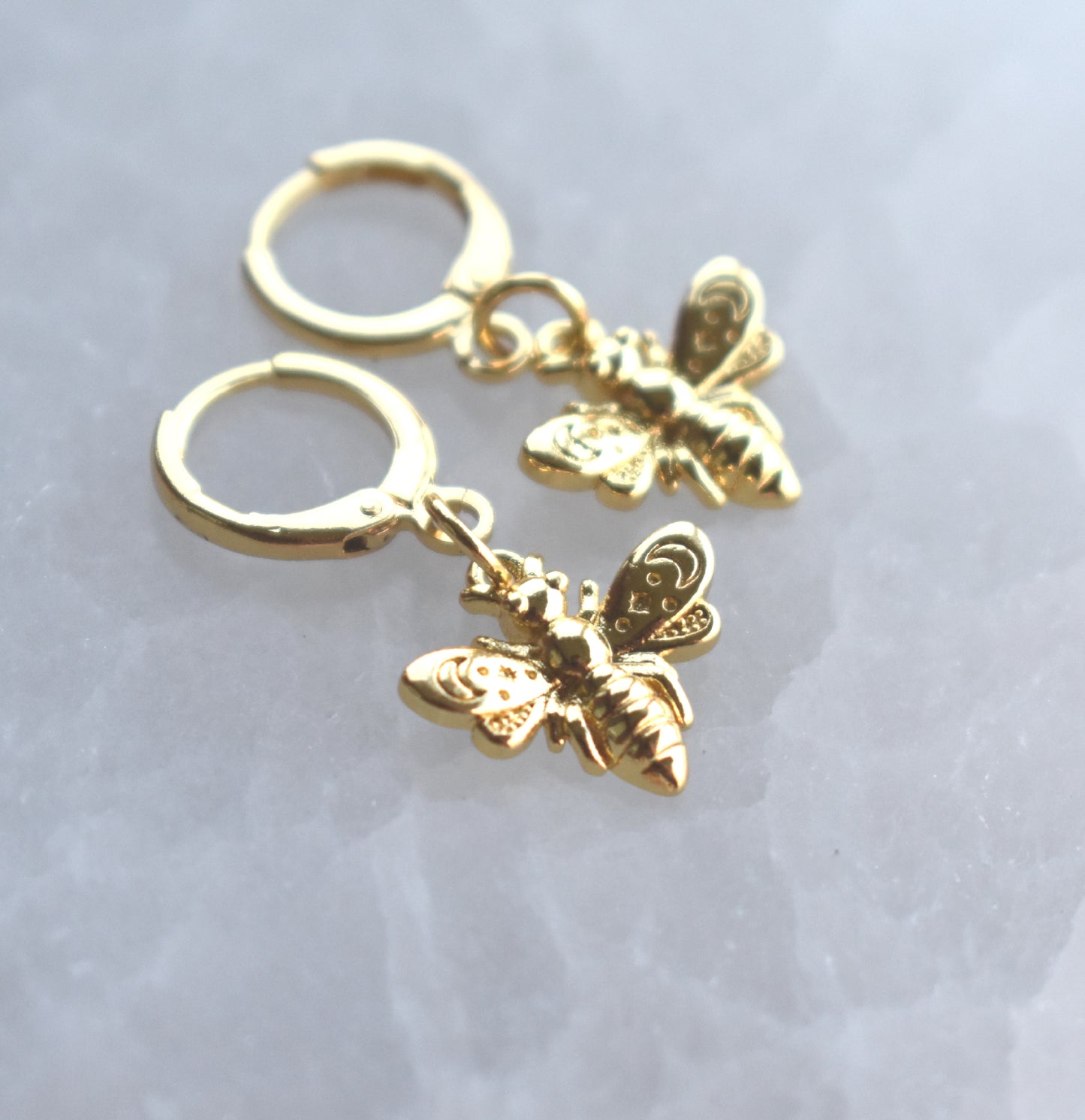 Gold Bee Huggie Hoop Earrings-14k