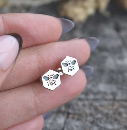 Bee Hex Stud Earrings-Sterling Silver