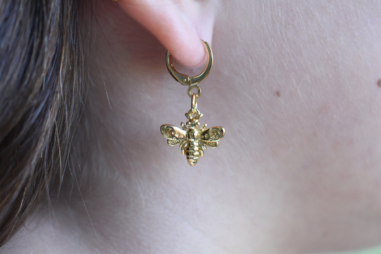 Gold Bee Huggie Hoop Earrings-14k