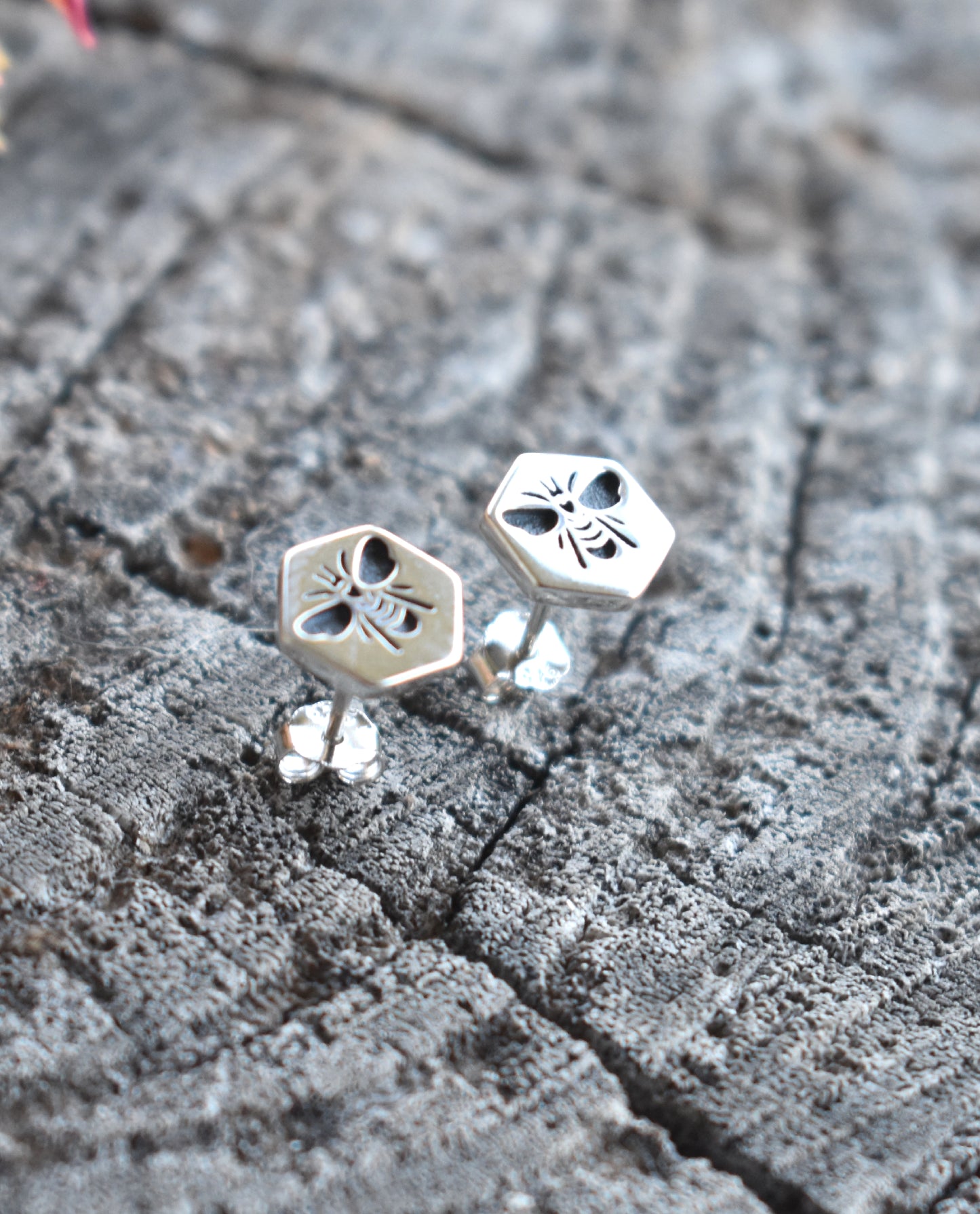 Bee Hex Stud Earrings-Sterling Silver