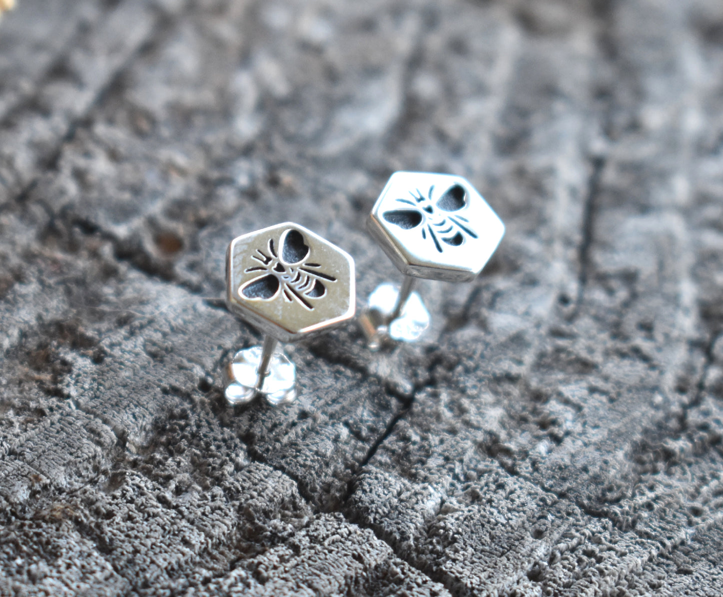 Bee Hex Stud Earrings-Sterling Silver