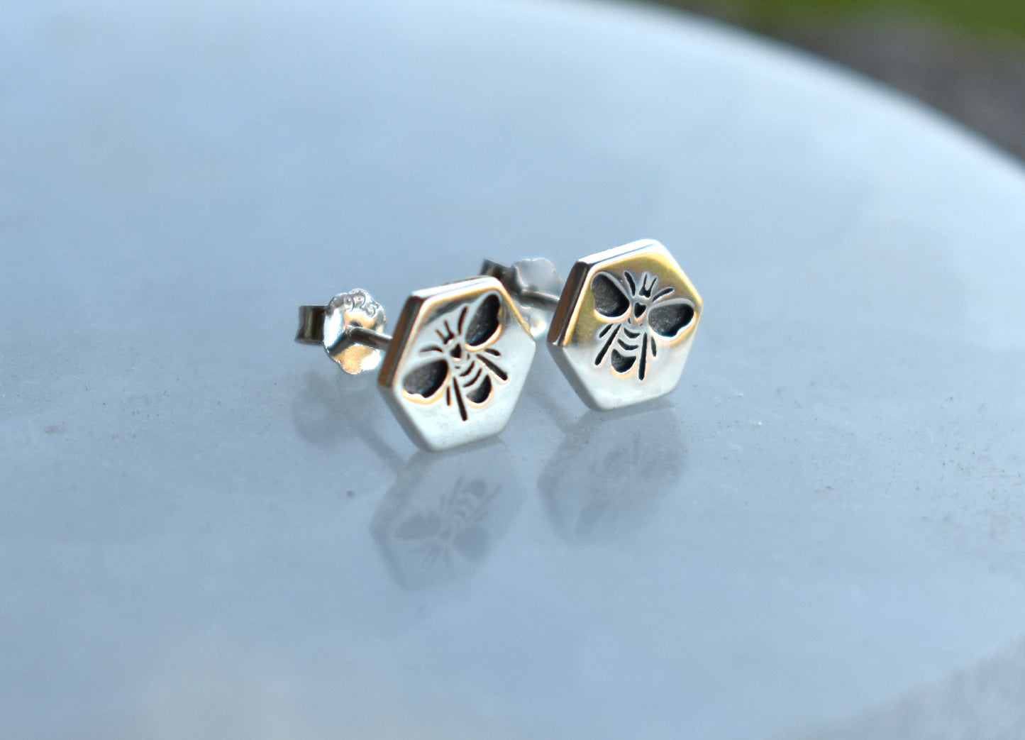 Bee Hex Stud Earrings-Sterling Silver
