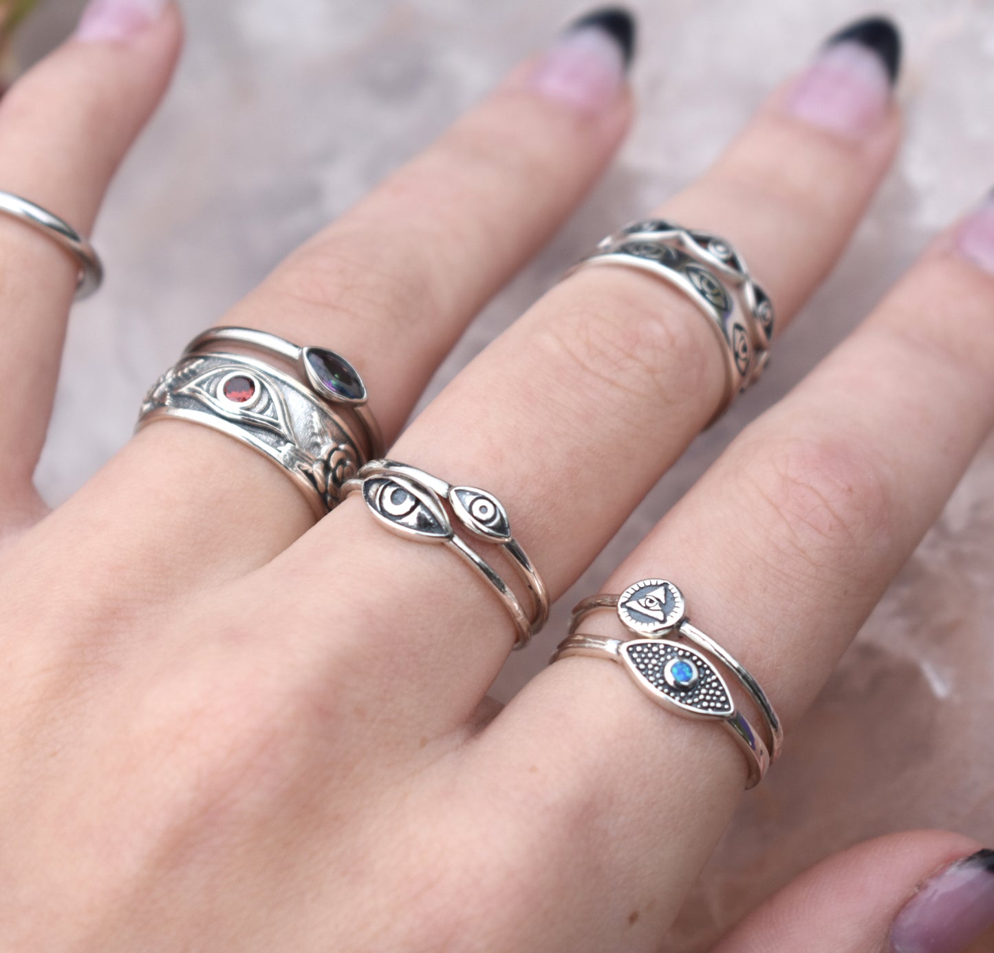 Garnet & Roses Evil Eye Ring-Sterling Silver