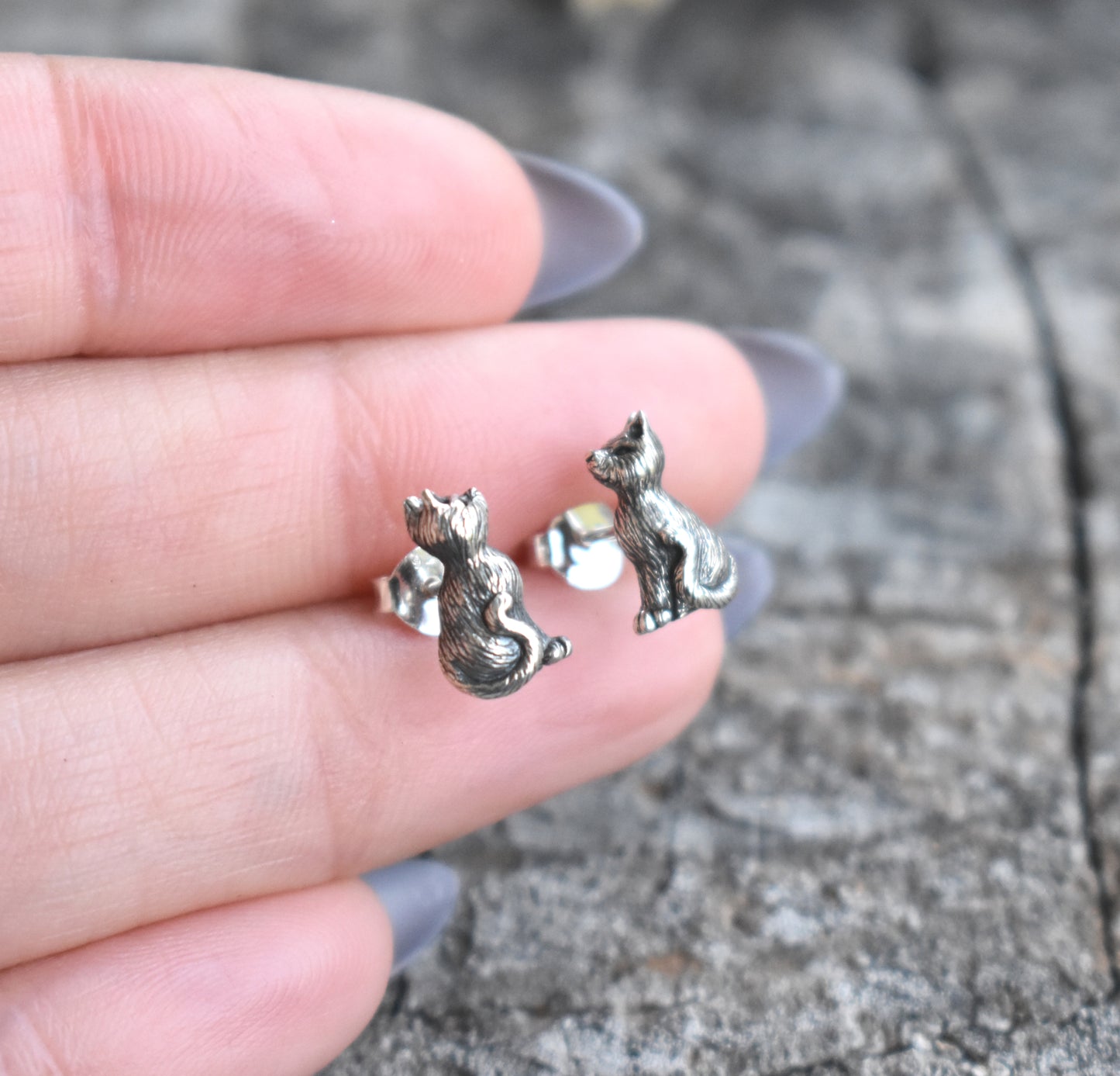 Black Cat Stud Earrings-Sterling Silver