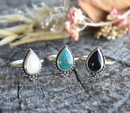 Boho Teardrop Ring-Turquoise, Onyx, Moonstone