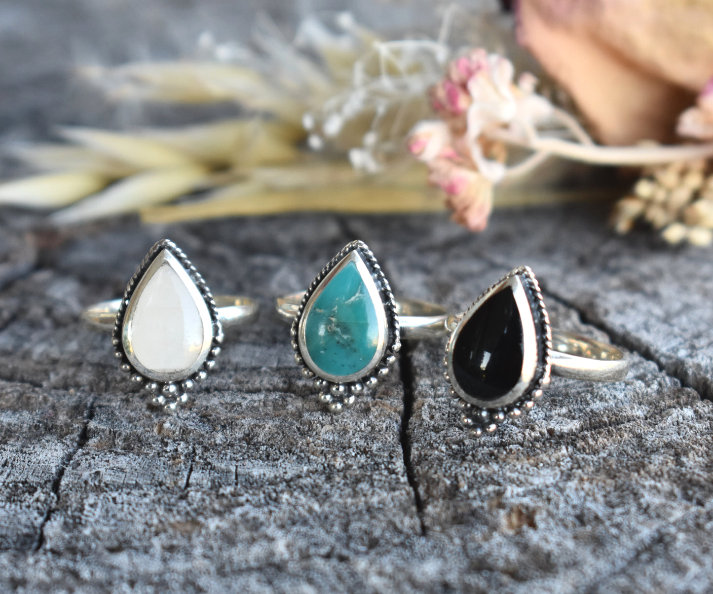Boho Teardrop Ring-Turquoise, Onyx, Moonstone