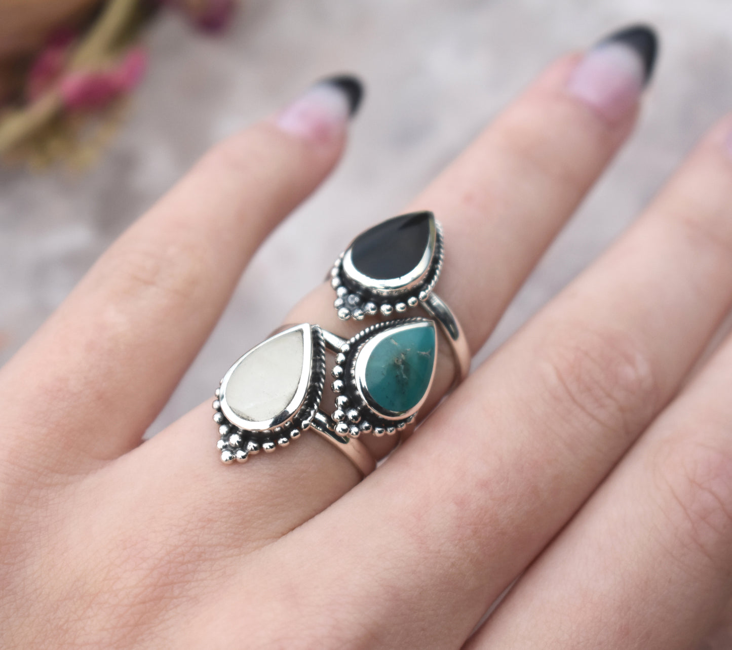 Boho Teardrop Ring-Turquoise, Onyx, Moonstone