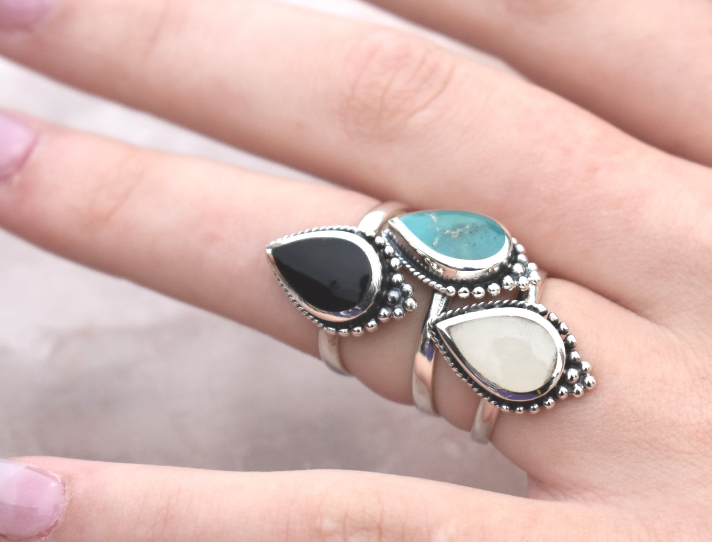 Boho Teardrop Ring-Turquoise, Onyx, Moonstone