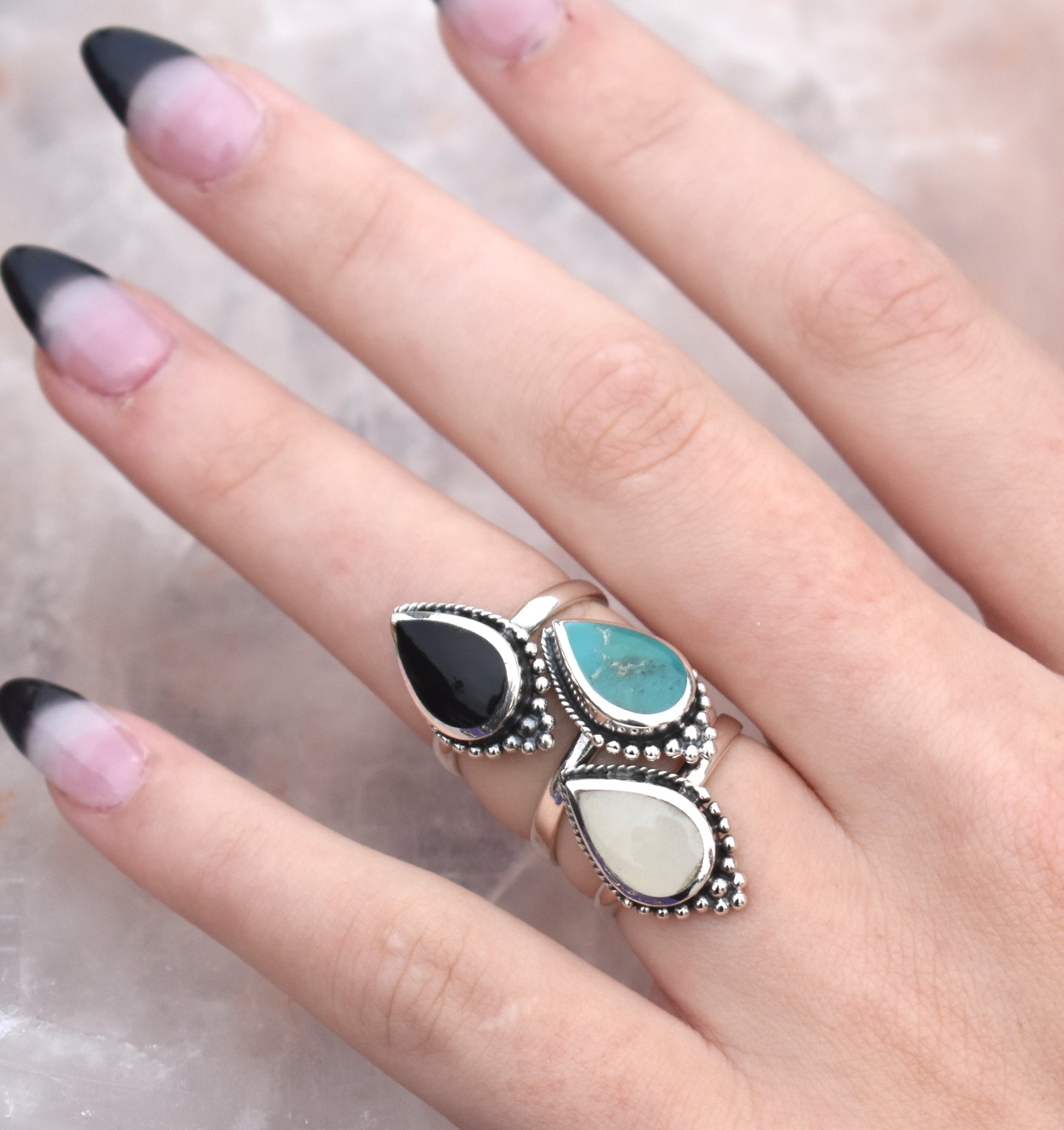 Boho Teardrop Ring-Turquoise, Onyx, Moonstone