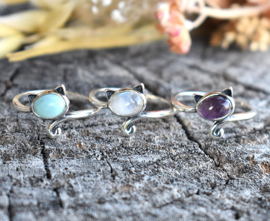 Cat Ring-Amethyst, Larimar, or Moonstone