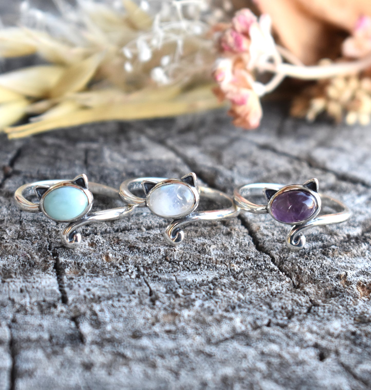 Cat Ring-Amethyst, Larimar, or Moonstone