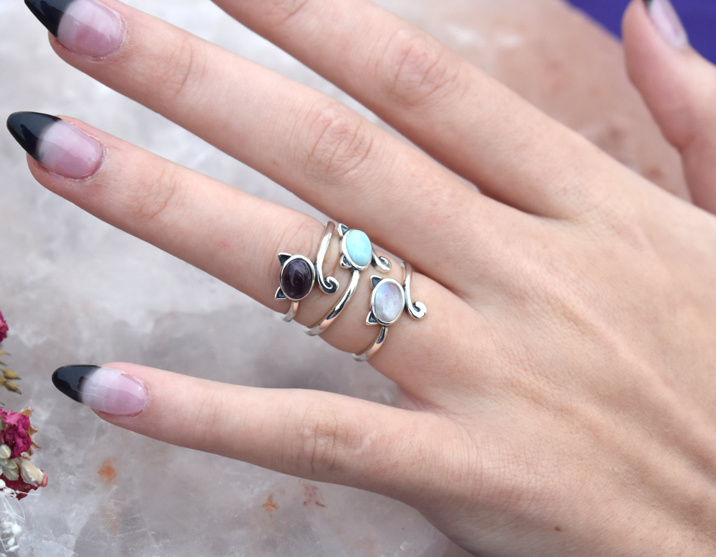 Cat Ring-Amethyst, Larimar, or Moonstone