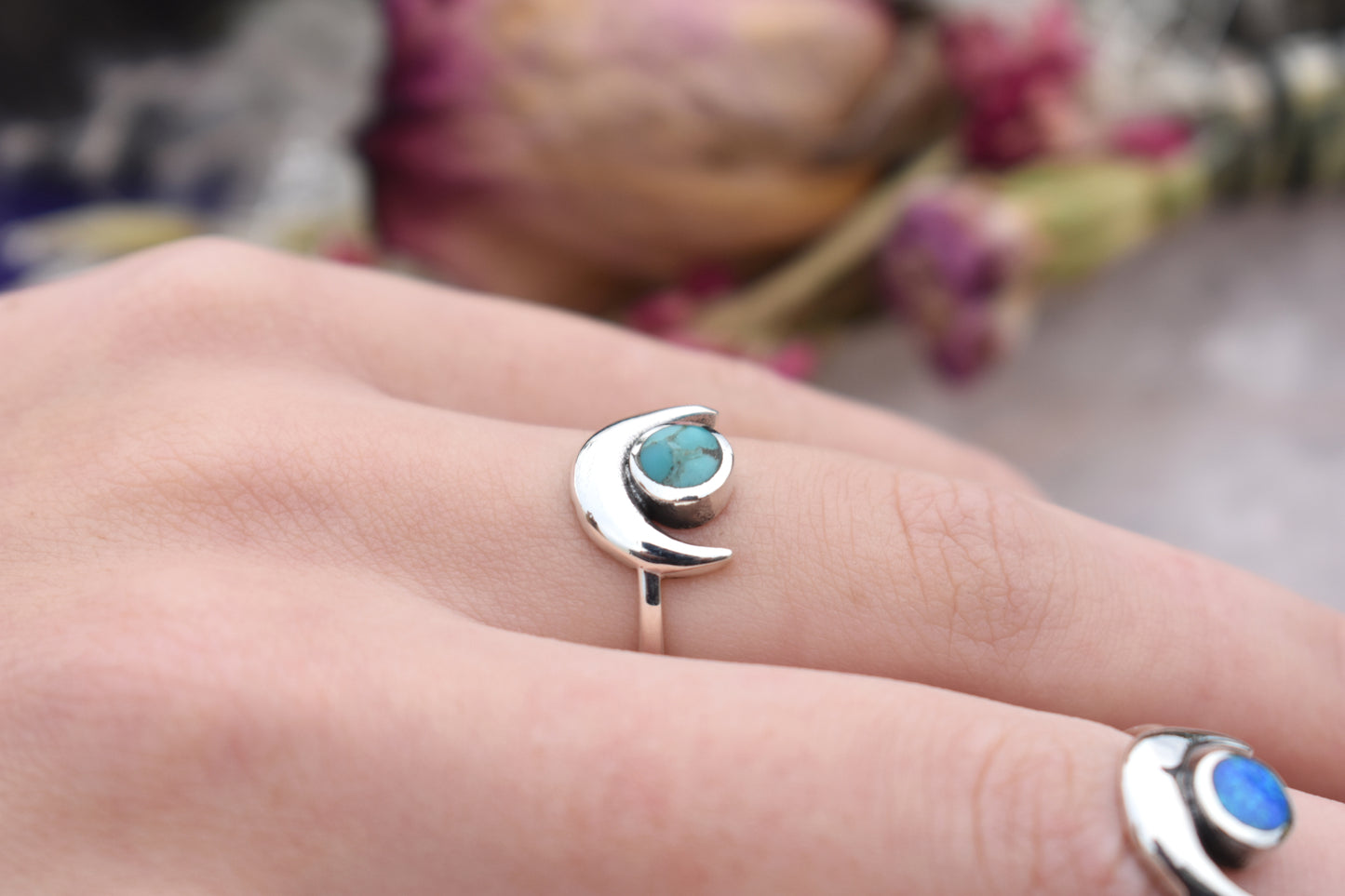 Crescent Moon & Opal Ring-Sterling Silver