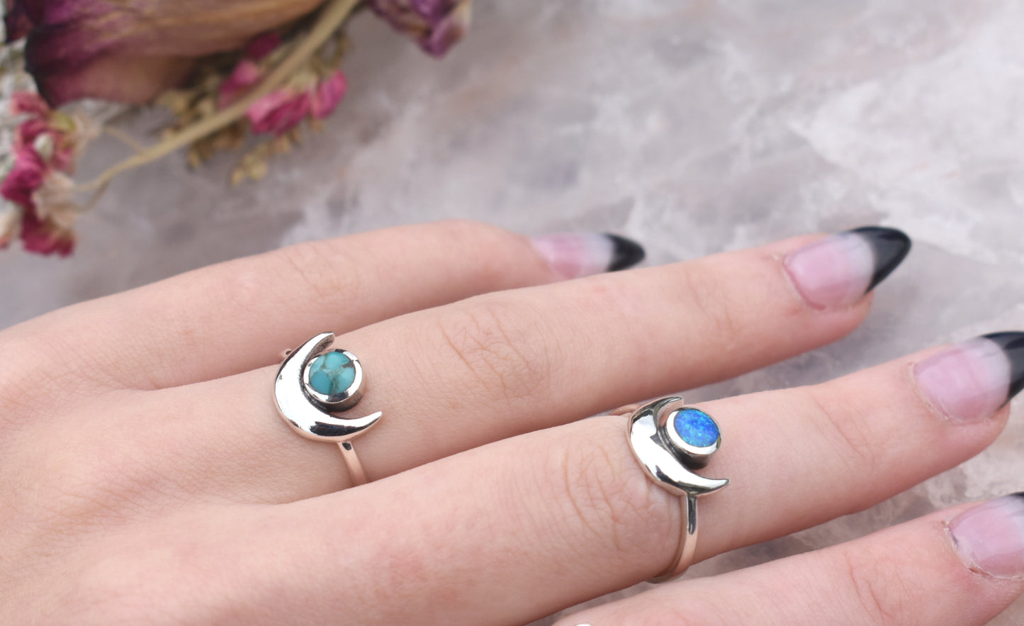 Crescent Moon & Opal Ring-Sterling Silver