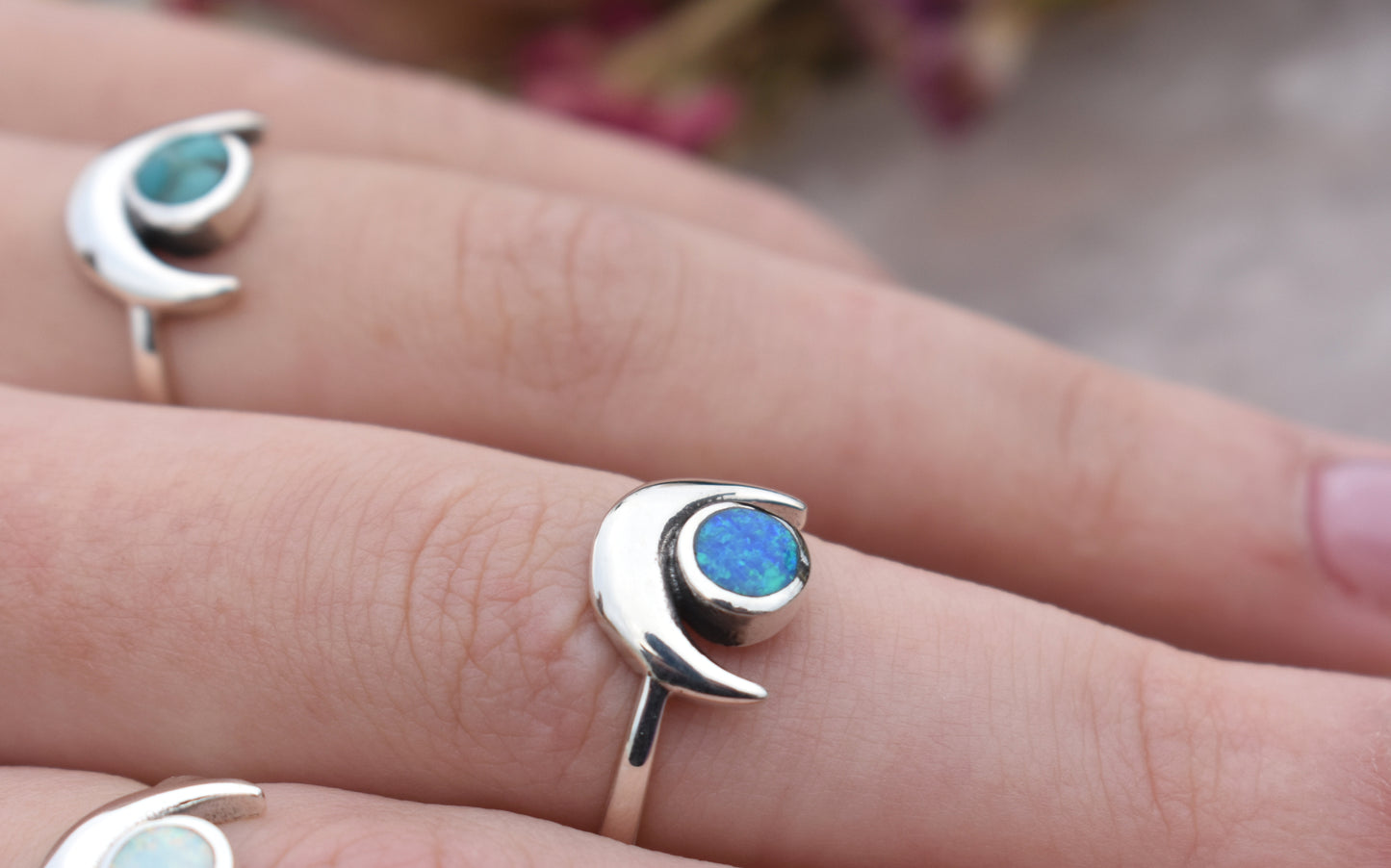 Crescent Moon & Opal Ring-Sterling Silver