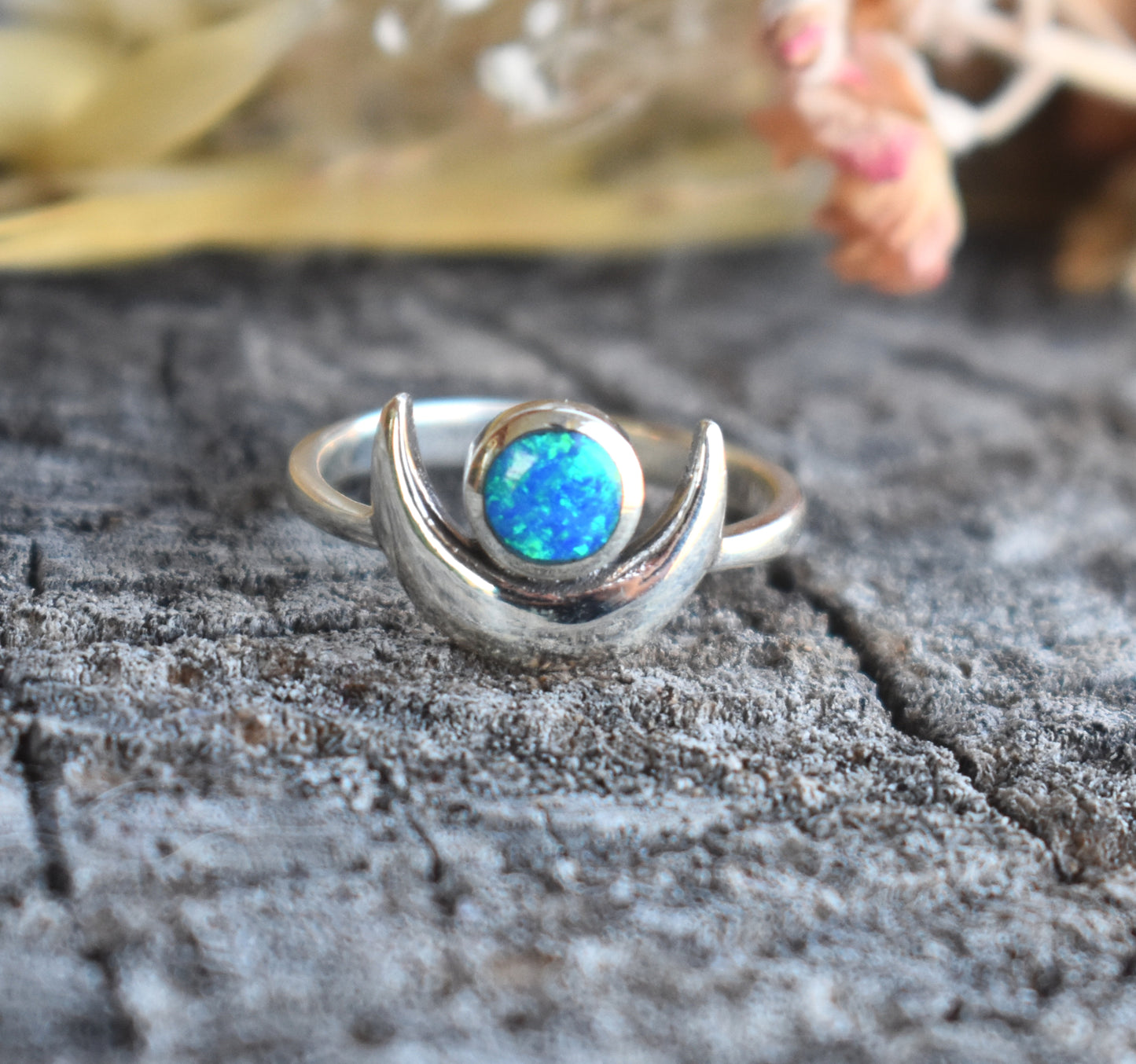 Crescent Moon & Opal Ring-Sterling Silver