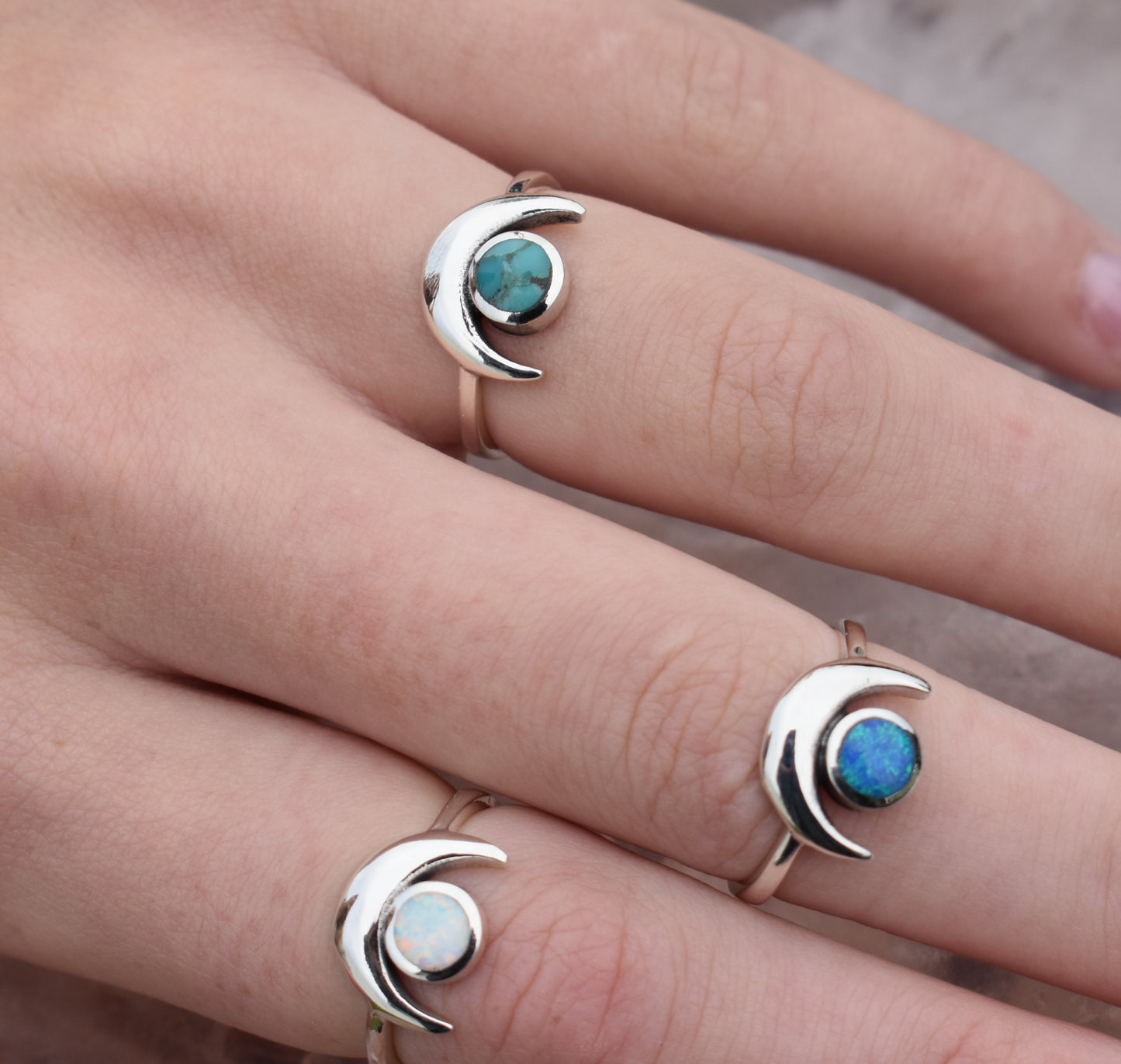 Crescent Moon & Opal Ring-Sterling Silver