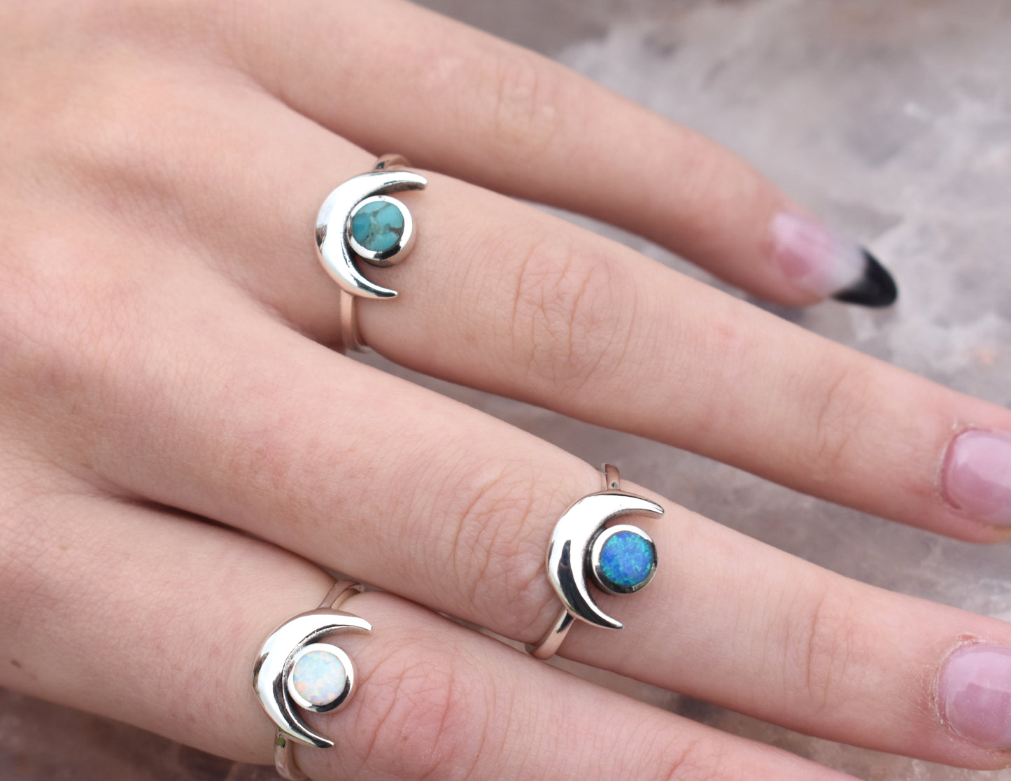 Crescent Moon & Opal Ring-Sterling Silver