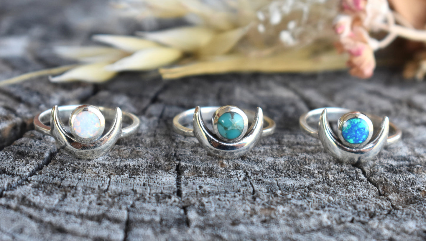 Crescent Moon & Opal Ring-Sterling Silver