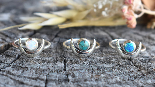 Crescent Moon & Opal Ring-Sterling Silver