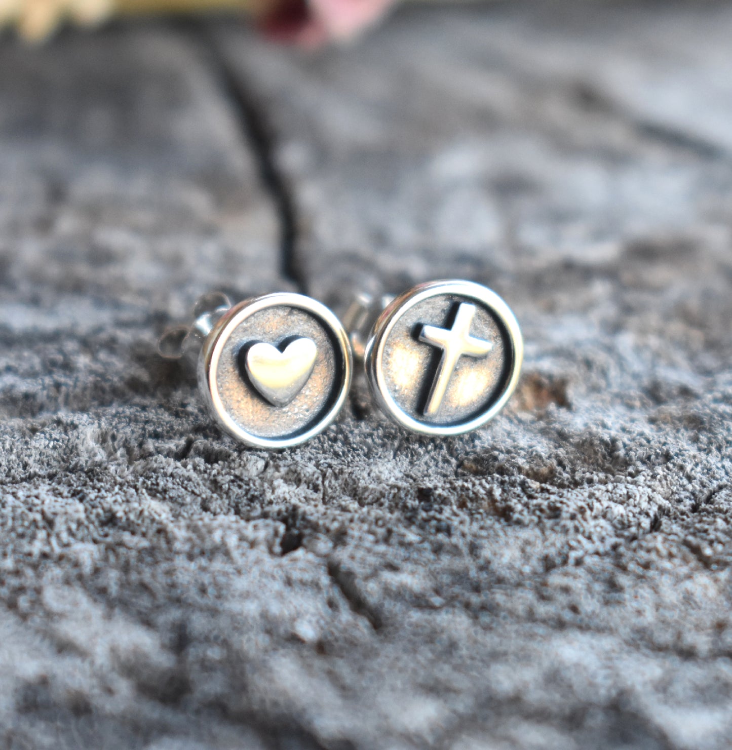 Cross & Heart Stud Earrings-Sterling Silver