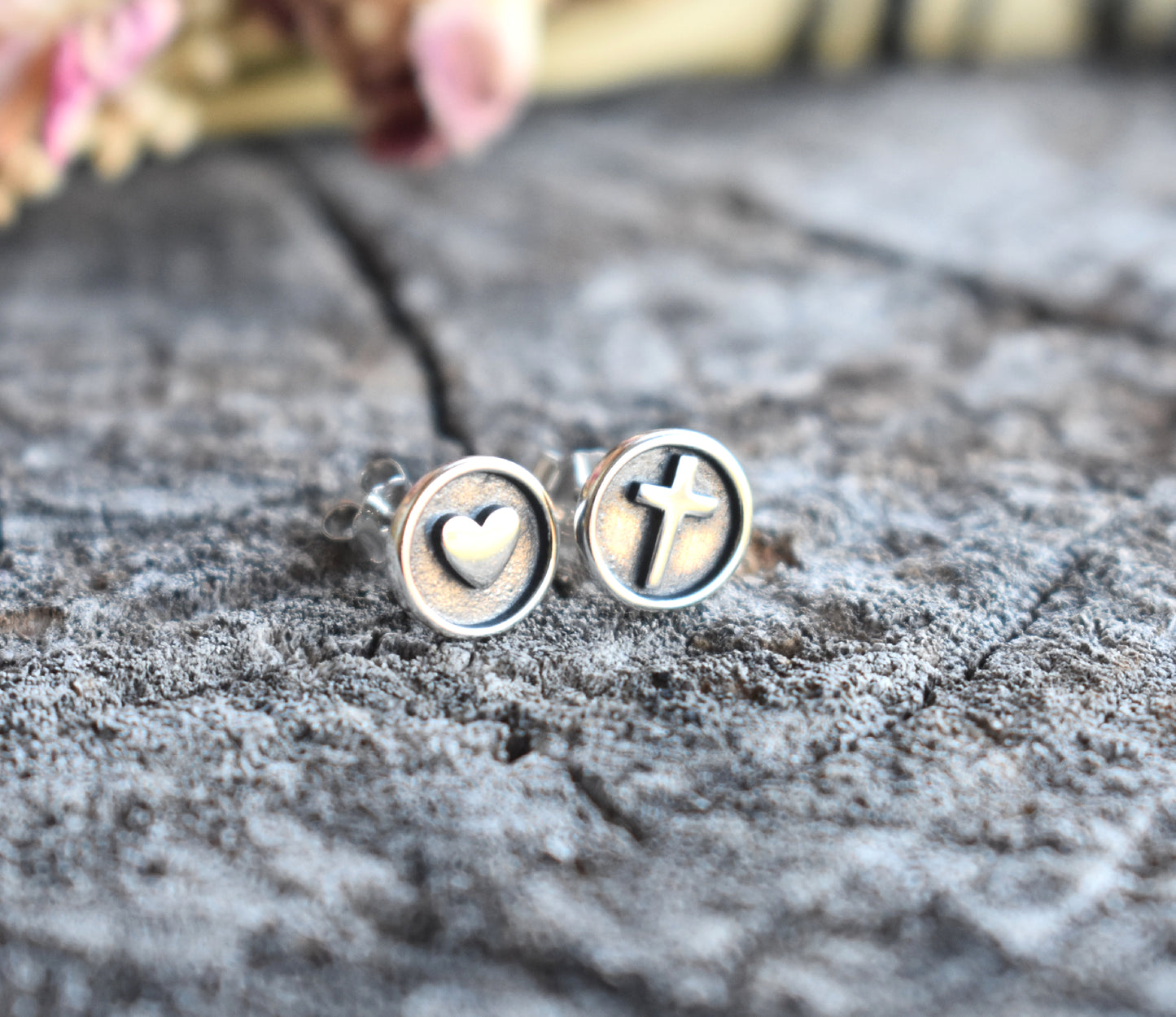 Cross & Heart Stud Earrings-Sterling Silver
