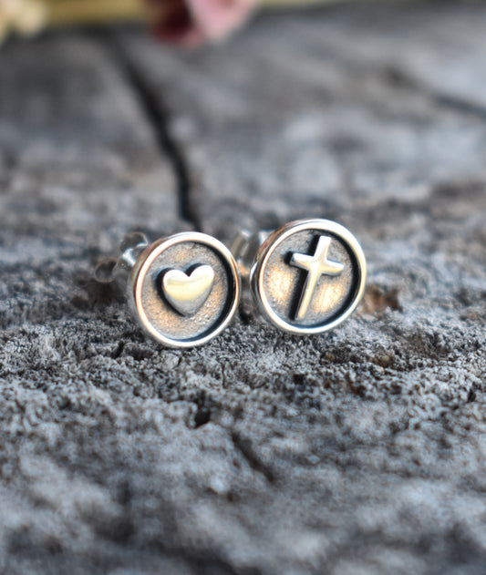 Cross & Heart Stud Earrings-Sterling Silver