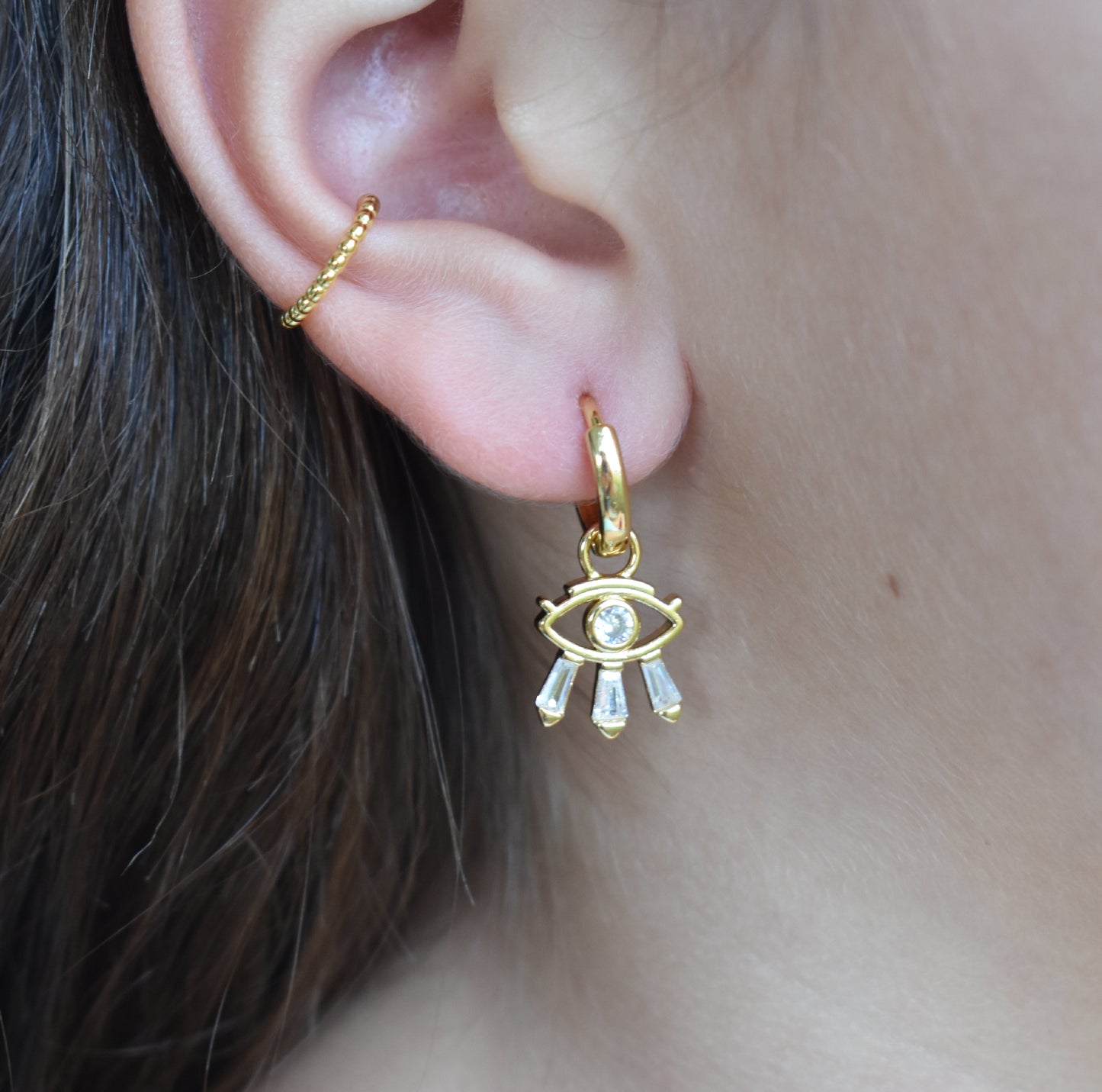 Gold Eye Hoop Earrings-14k