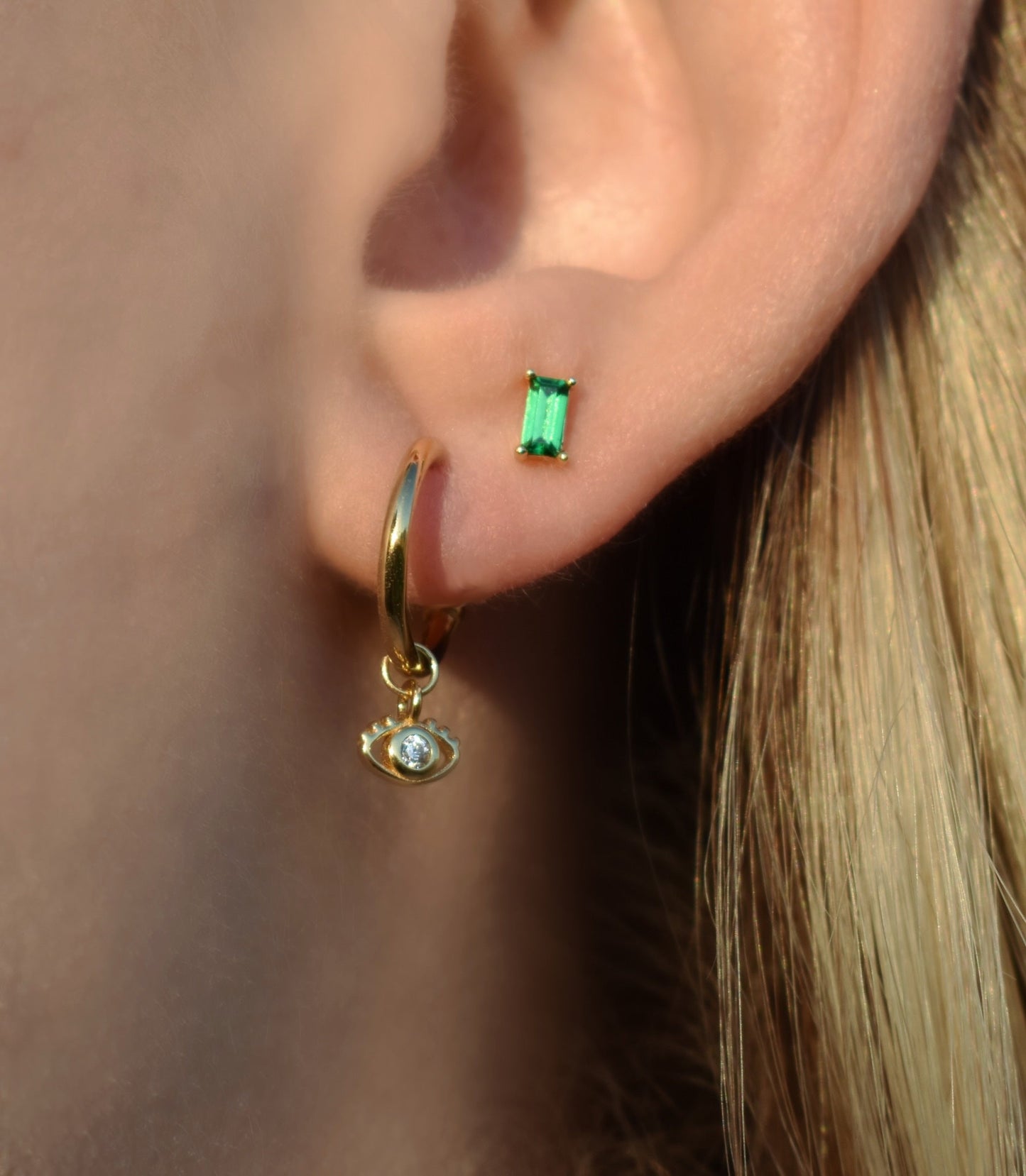 Gold Emerald Baguette Studs-14k Goldfill