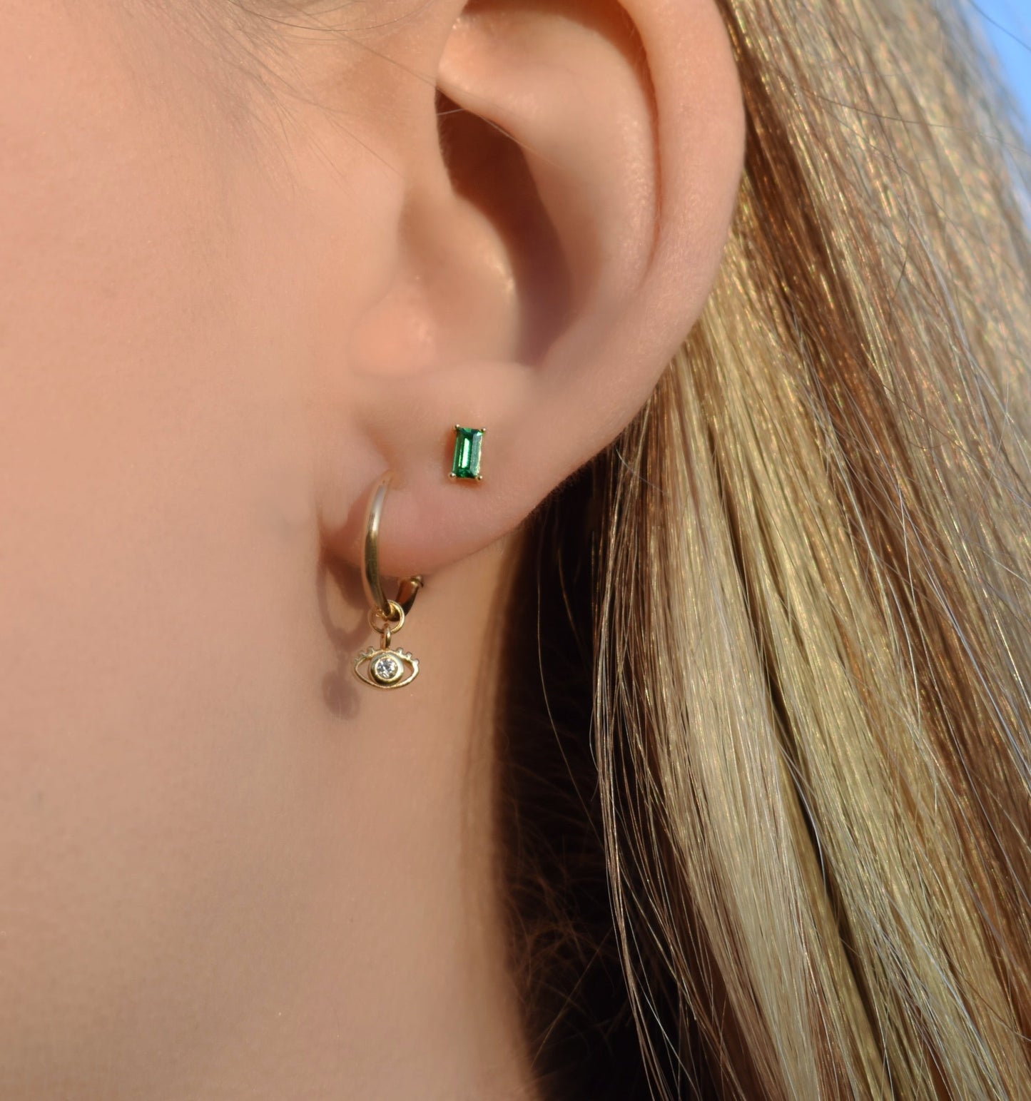 Gold Emerald Baguette Studs-14k Goldfill