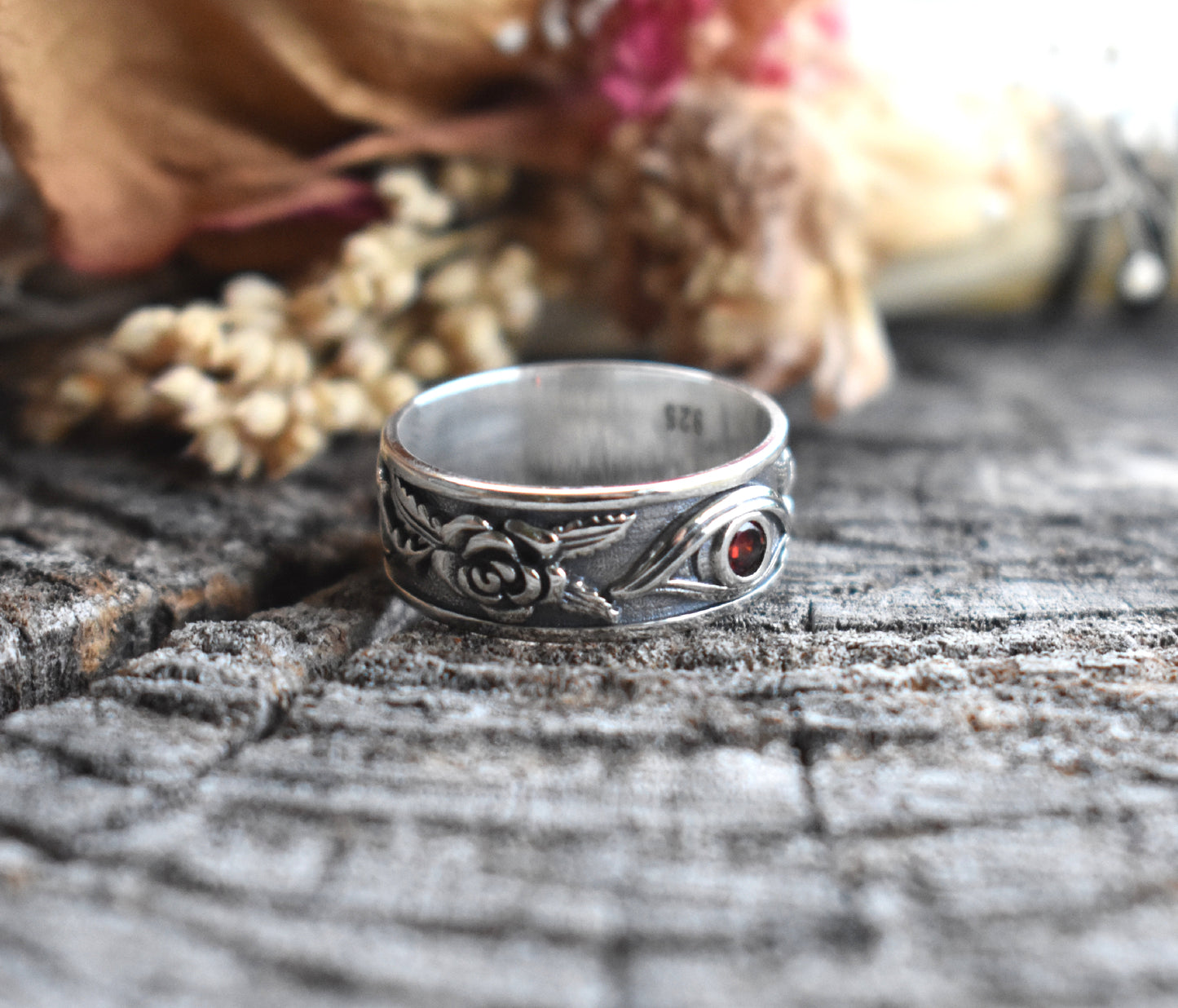 Garnet & Roses Evil Eye Ring-Sterling Silver