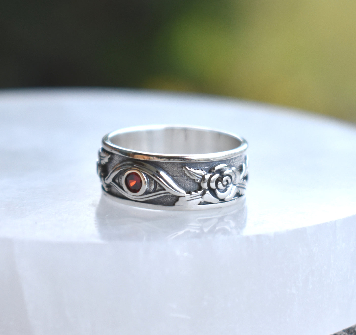 Garnet & Roses Evil Eye Ring-Sterling Silver