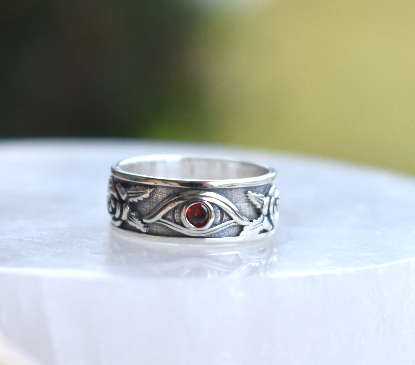 Garnet & Roses Evil Eye Ring-Sterling Silver