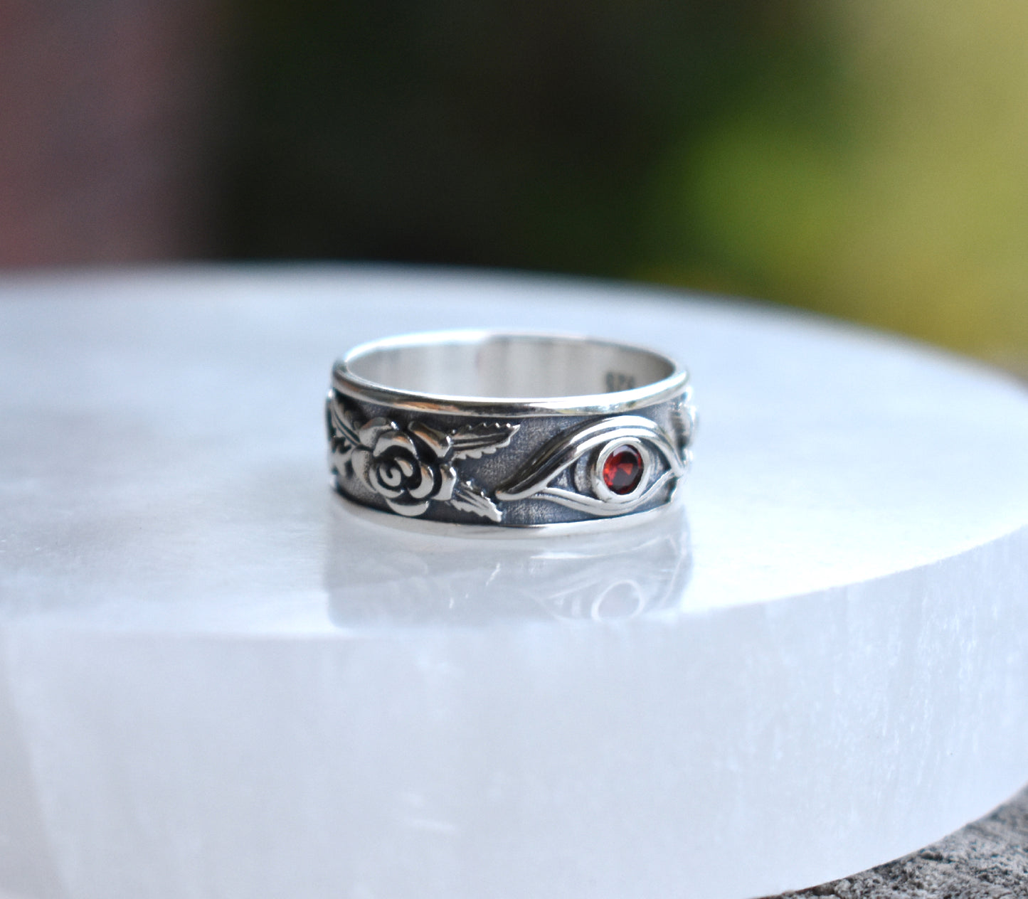 Garnet & Roses Evil Eye Ring-Sterling Silver