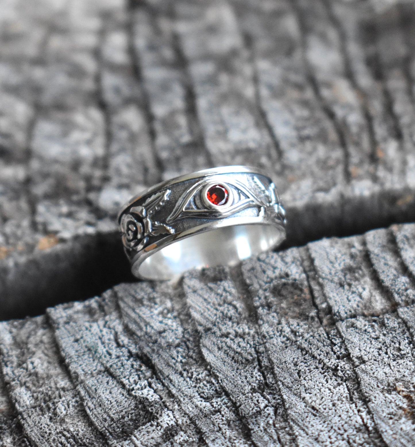 Garnet & Roses Evil Eye Ring-Sterling Silver