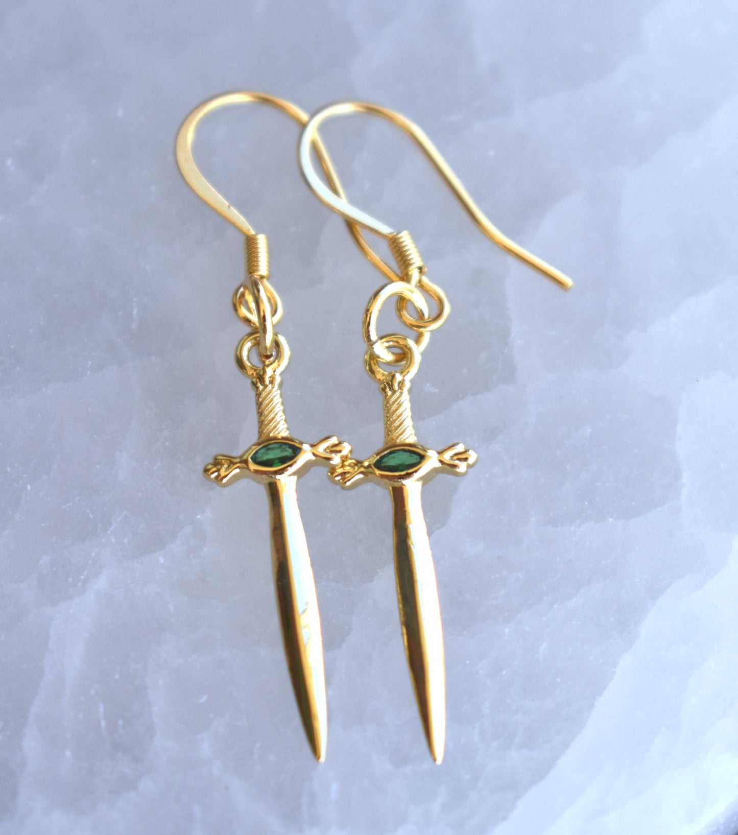 Gold Sword Dangle Hoop Earrings-14k