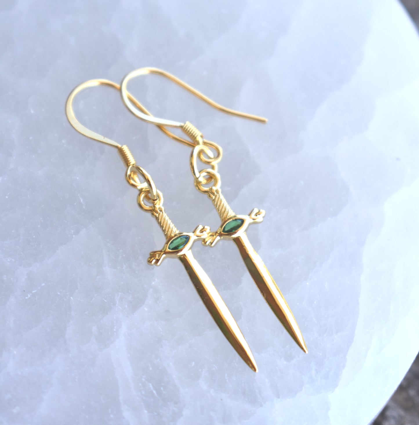 Gold Sword Dangle Hoop Earrings-14k