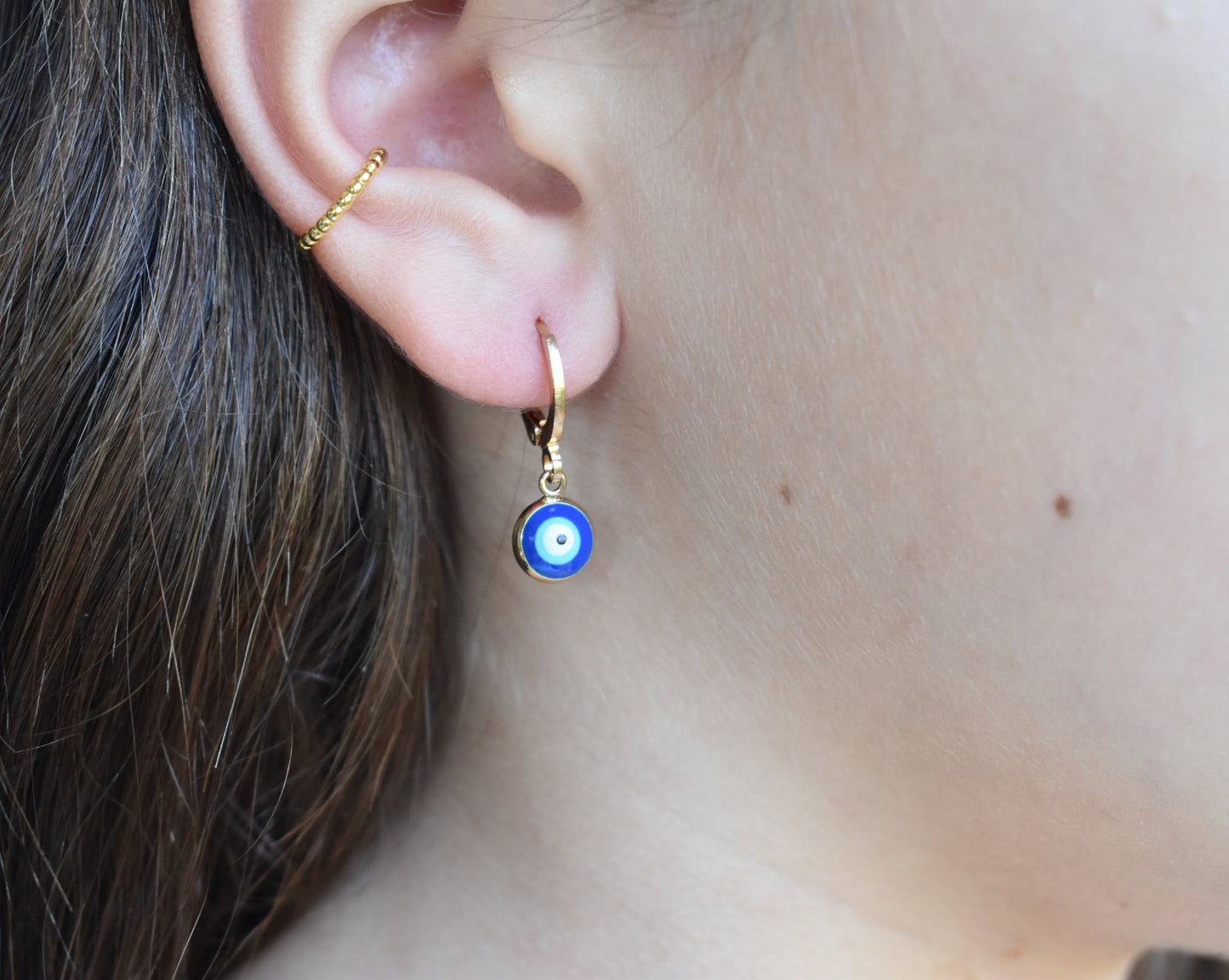 Greek Gold Eye Charm Huggie Hoops-14k