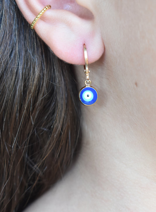 Greek Gold Eye Charm Huggie Hoops-14k