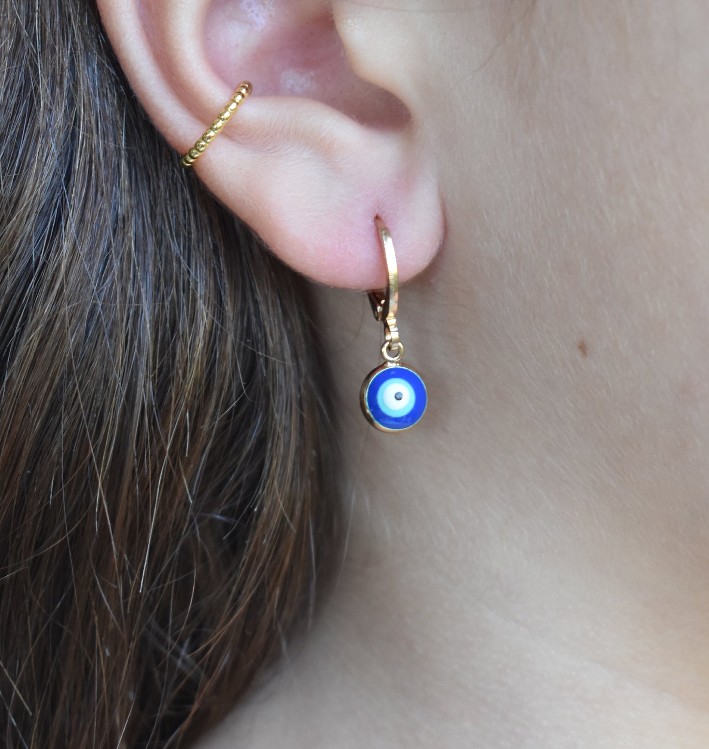 Greek Gold Eye Charm Huggie Hoops-14k