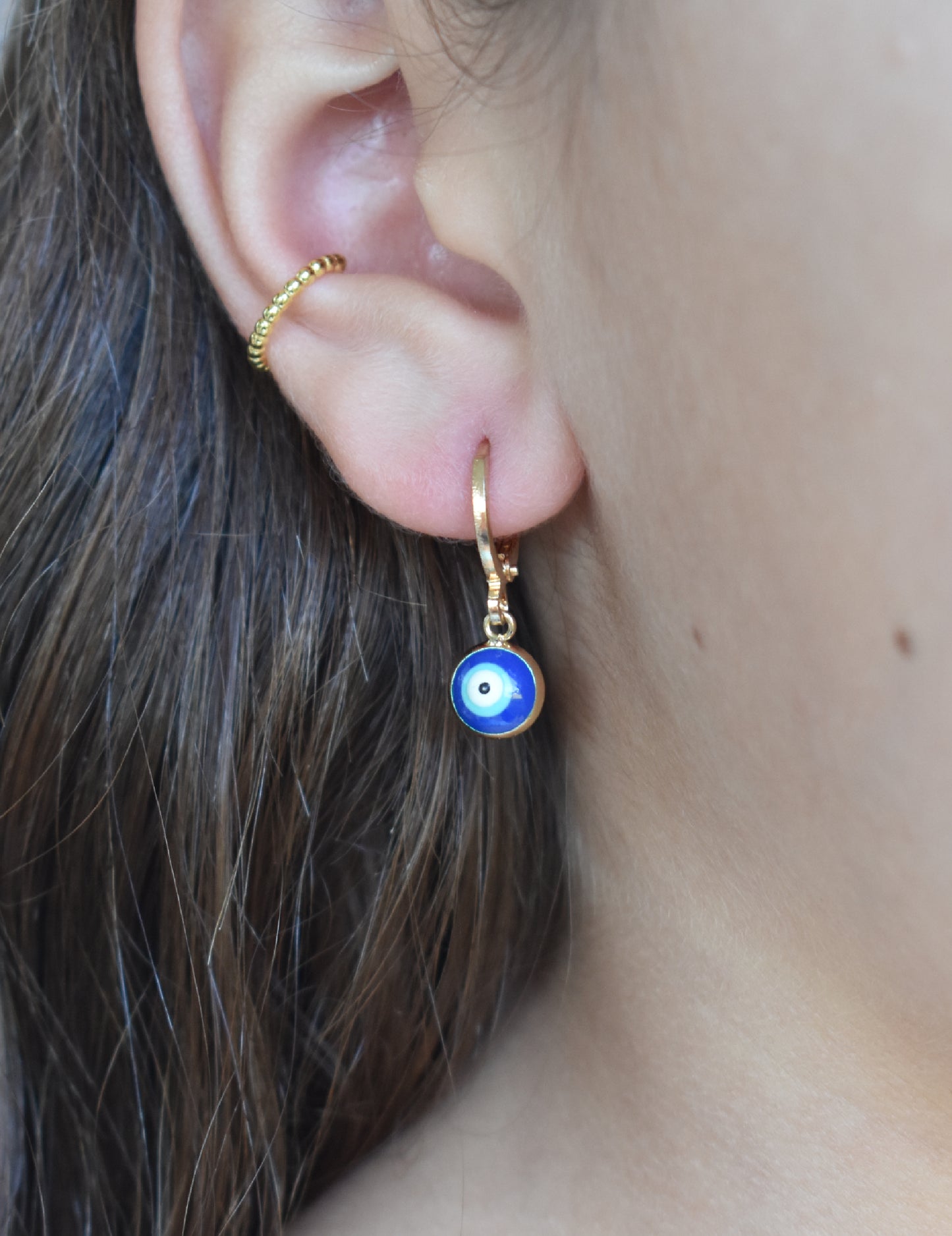 Greek Gold Eye Charm Huggie Hoops-14k