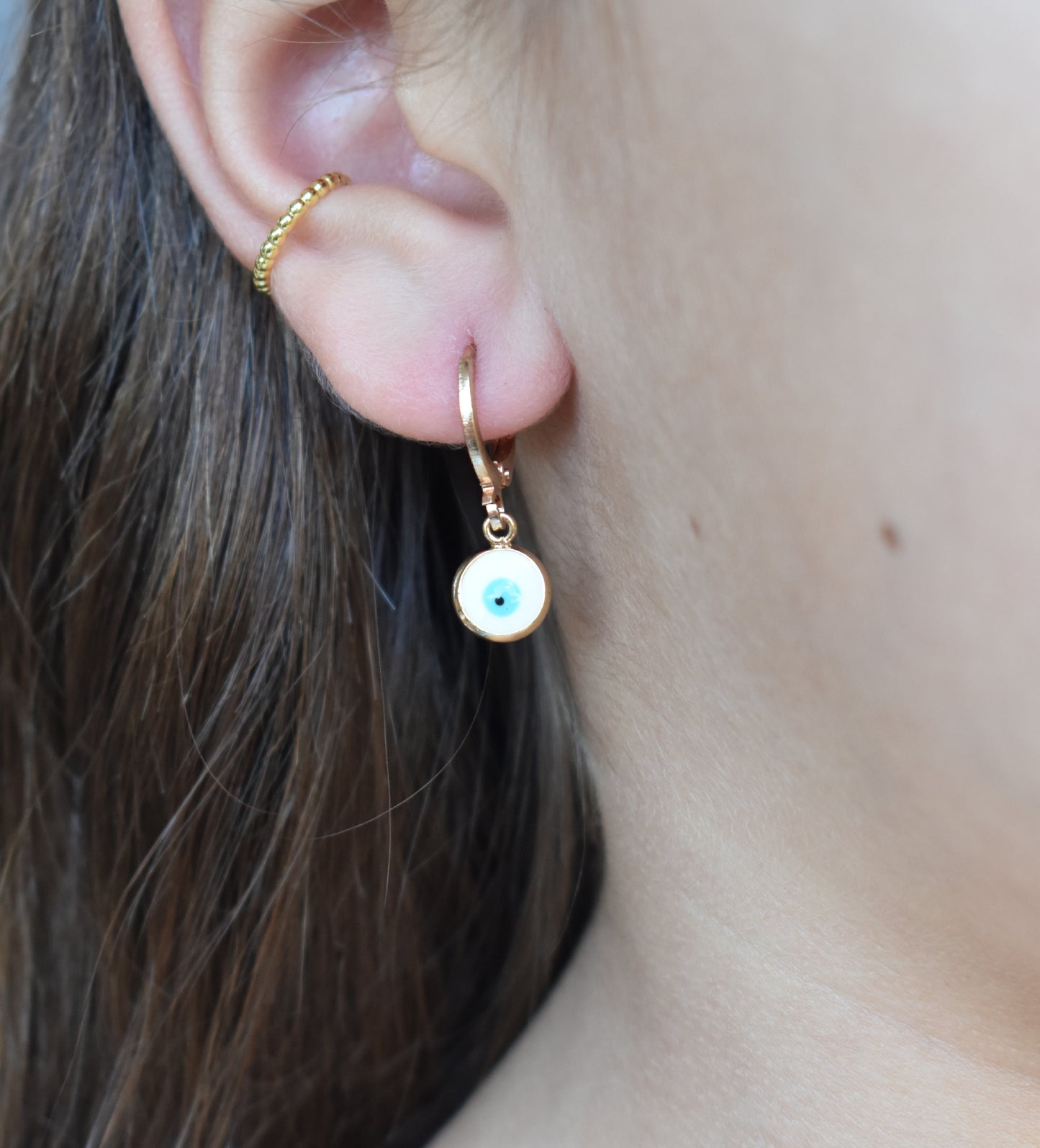 Greek Gold Eye Charm Huggie Hoops-14k