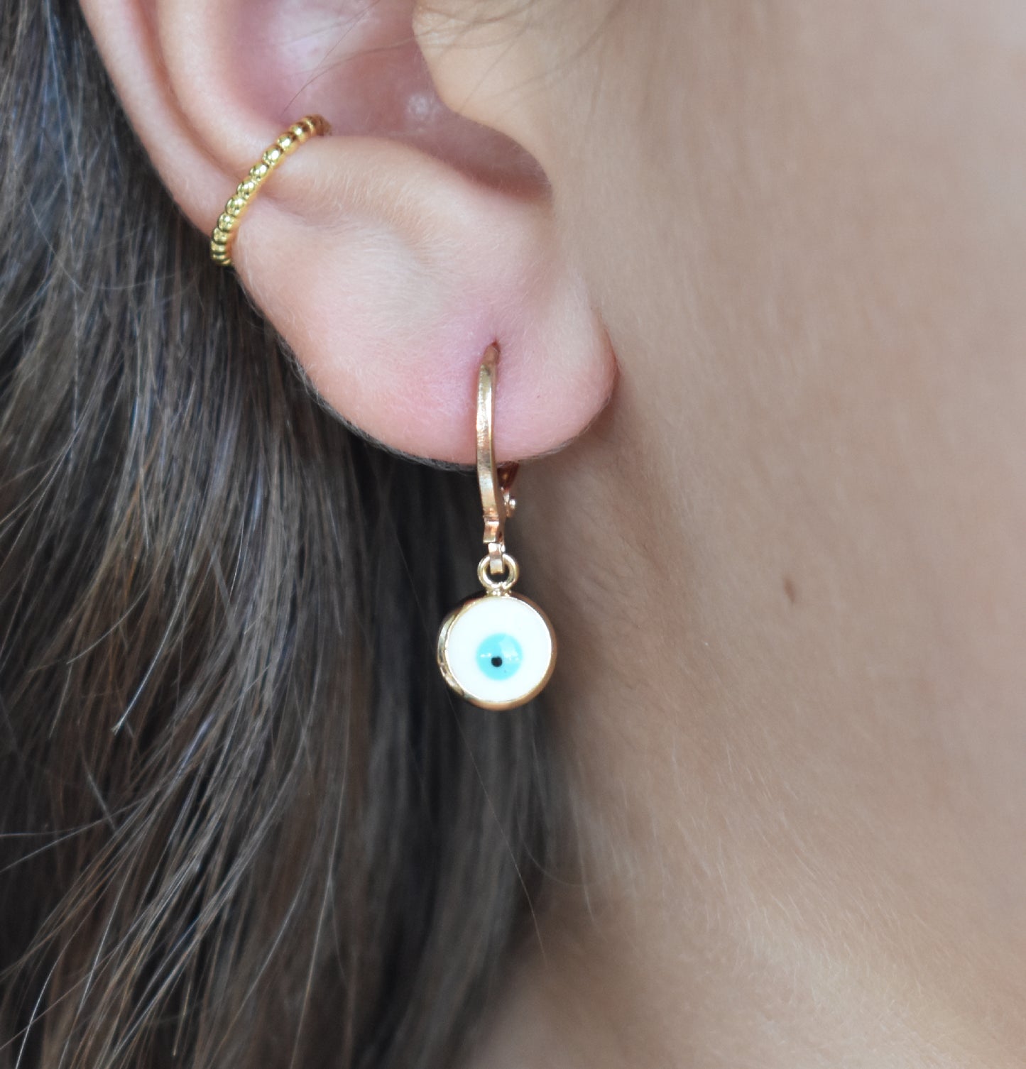 Greek Gold Eye Charm Huggie Hoops-14k