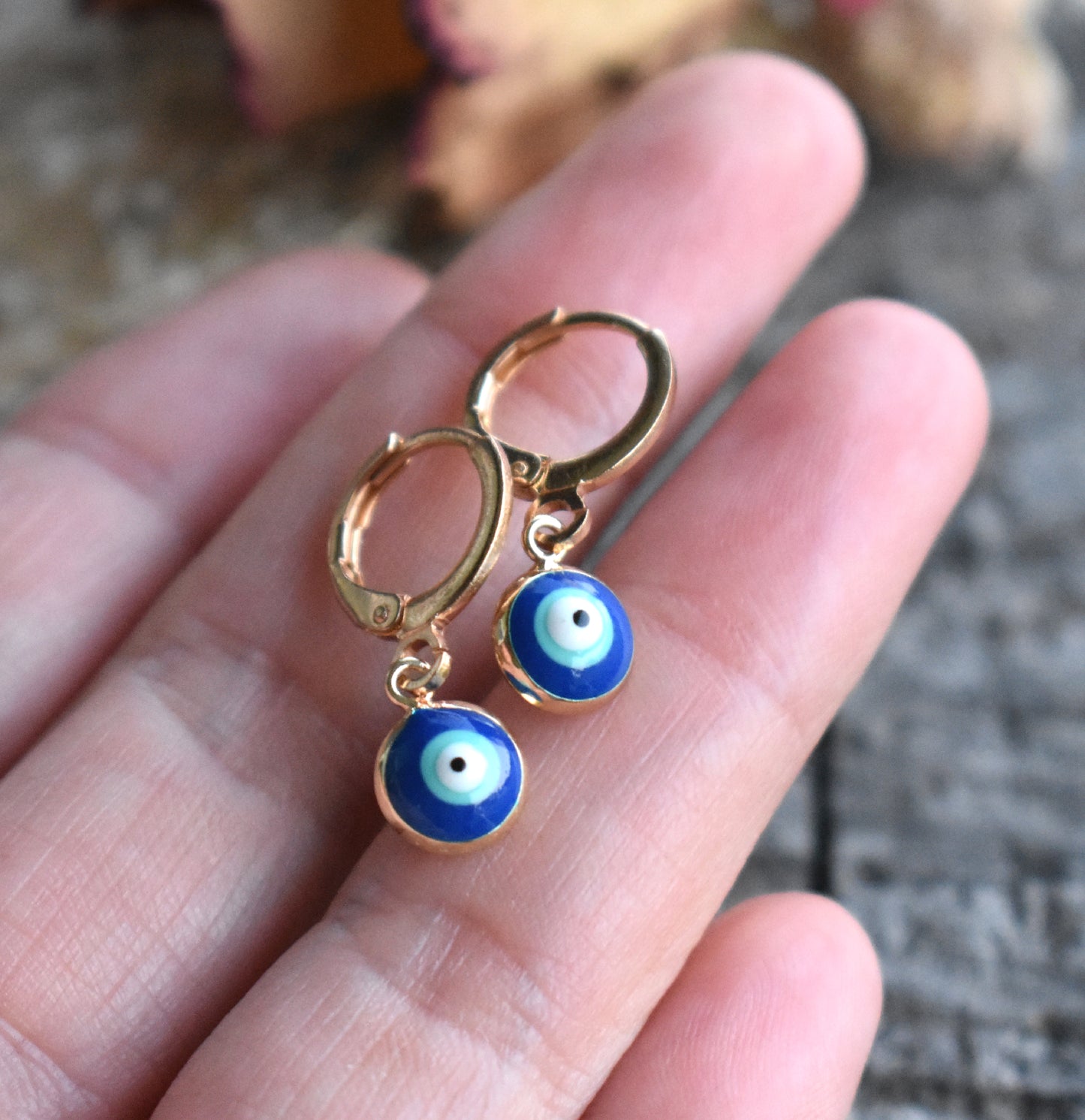 Greek Gold Eye Charm Huggie Hoops-14k
