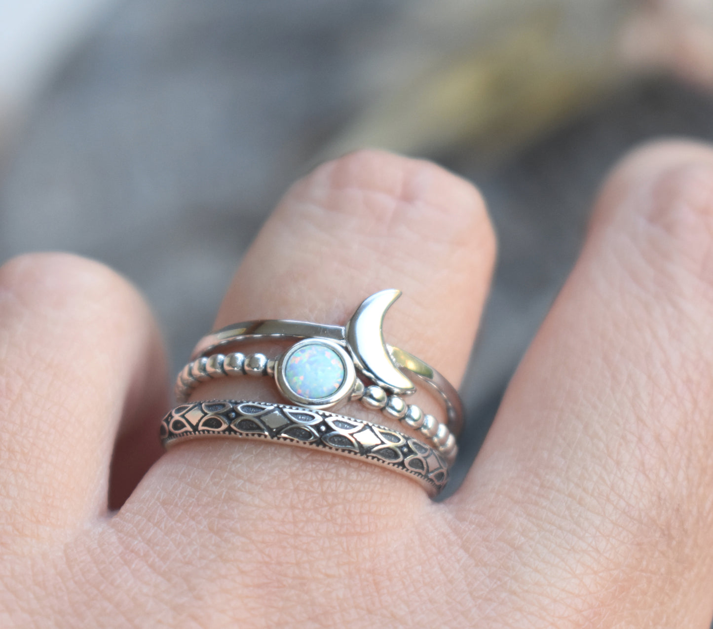 Moon & Opal Stack Rings-Sterling Silver