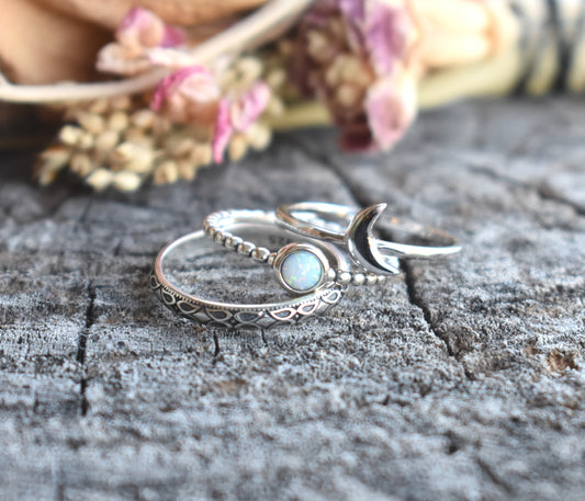 Moon & Opal Stack Rings-Sterling Silver