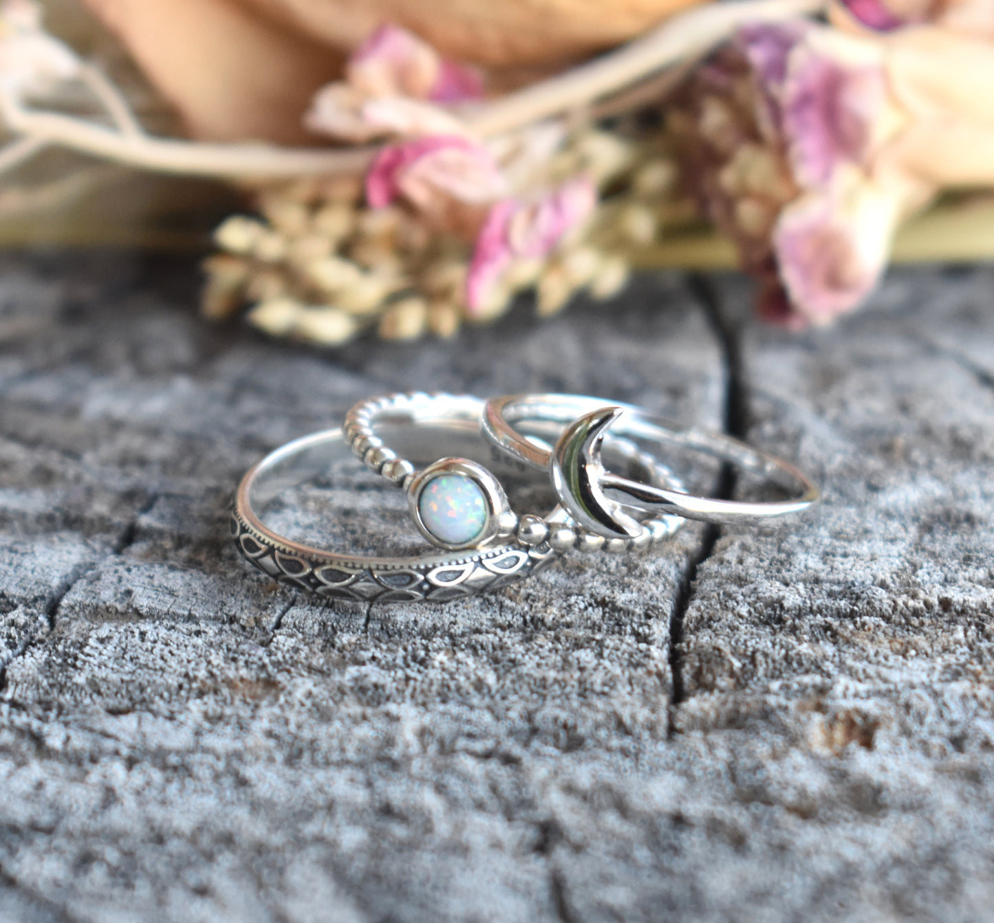Moon & Opal Stack Rings-Sterling Silver